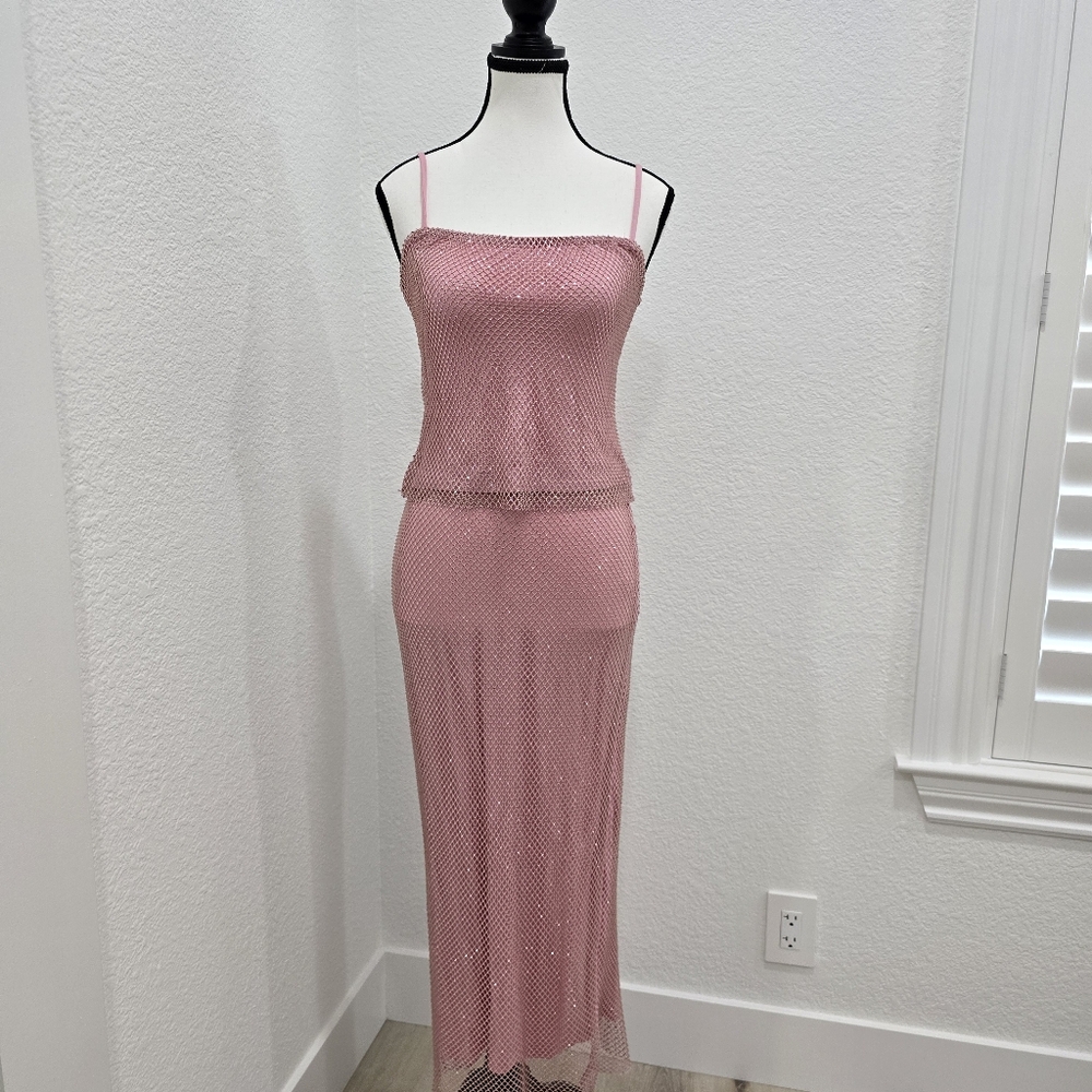 Aqua Co Ord Set Crystal Embellished Mesh Midi Skirt And Top Size Small - Picture 16 of 16